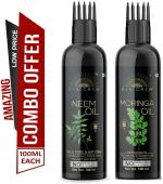 Desi Crew 100 Percent Pure Neem and Moringa Oil with Comb Applicator Cold Pressed for Skin, Body and Hair Care 100 ml Each