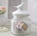 Cracker White Glass, Ceramic Round Pop Jar With Bird Shaped Lid 600ml