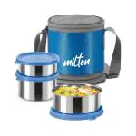 Milton Expando 2+1 Lunch Box (3 Stainless Steel Container, 320 ml, 320 ml, 500 ml) with Insulated Jacket, Blue | Leak Proof | Food Grade | Easy to Carry | Odour Proof | Light Weight | Office | College