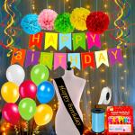 Party Propz Black Cardboard Happy Bday Sash, Pom Pom, Metallic Balloons, Birthday Banner Cardboard, Ribbon With Fairy Light