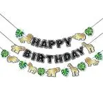 Festiko Gold Jungle Safari Happy Birthday Banner, Jungle Animal Theme Birthday Party Decorations For Boys Kids Wild Safari Party Supplies Garland Wall Hanging Decor