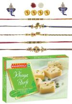 Feastive Celebrations Bikanervala Khoya Chocolate Burfi With 5 Sacred Rakhis, Pair Of Ganesha Soan, Pooja Rakhi, Kesar And Chawal (Set Of 4)