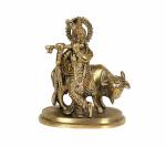 Idol Collections Gold Brass Lord Cow Krishna Idol Statue Murti On Round Pedestal For Home Office Temple Mandir, 4 Inch