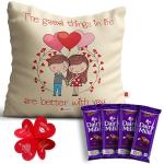 Indigifts Better With You Quotes Printed Cushion Cover With Filler And Cadbury Dairy Milk Chocolate Valentine Gifts For Couple,Wife, Husband And Girlfriend Pack Of 4