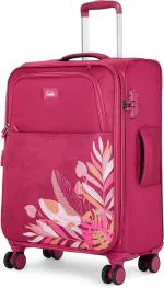 Genie Bloom 68cm Trolley Bag, Soft Side Premium 8 Wheel Check-in Luggage, Printed Travel Bag for Women. With Expander and Complimentary Vanity Pouch, Wine Red