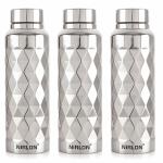 NIRLON Stainless Steel Single Wall Diamond Cut Sleek Fridge Water Bottle/ Home/Office/SchoolKids Bottle, Silver, 1000ML, Set of 3
