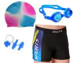 Drauss Men Swimming Costume Shorts Trunk Goggles Cap 2 Earplug Nose Clip Swimsuit Swimming Kit (Multicolor)