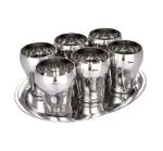 Ebun Curvy Stainless Steel Glass Set with Serving Tray 300 ml (Pack of 6)