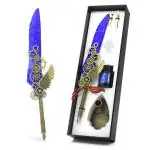 Hasthip Blue Metal Feather Pen And Ink Set, Mechanic Style Quill Calligraphy With 2 Replacement Nibs Holder