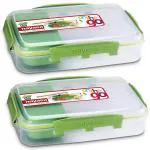 Nayasa On The Go- 900 ML Regular Plastic Lunch Box, 1 Inner Container with 4 Side Clip Lock, 1 Spoon & 1 Fork, Airtight and Leakproof Lids, Lightweighted, Easy To Carry, Ideal For Schools, Colleges, Offices, Pack Of 2, Green