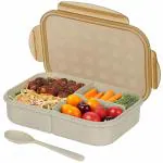 Poloman Wheat Straw Fiber Lunch Box with Spoon,3 Compartment Plastic Tiffin Box(multicolor)