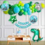 SPECIALYOU.IN Dinosaur Theme Birthday Decorations items for kids includes green, yellow, blue and white balloons with dinosaur foil balloons set and happy birthday banner- 48 Items