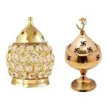 Fashion Bizz Gold Brass Akhand Crystal Diya and Om Shaped Diya, 5 centimeter - Pack Of 2