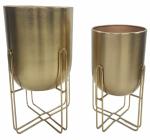 SABRI METAL Modern Metal Planter with Wire Stand Set of 2 for Indoor Home Garden in Gold