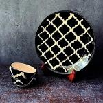 VolCraft Black Umrao Hand-Painted Ceramic Dinner Set of 1 Dinner Plate and 2 Katori Serving Bowls Dinnerware Set (3 Pieces, Serving for 1, Microwave Safe)