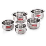 HAZEL Stainless Steel Flat Bottom Premium Unique Design Belly Patila Set of 5 Pc, 1.1 Ltr to 3 Ltr, Silver