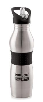 Nirlon Stainless Steel Black Water Bottle with Straw 750 ml