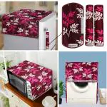 E-Retailer Exclusive 3-Layered Polyester Combo Set of Appliances Cover (1 Pc. Fridge Top Cover, 3 Pc. Handle Cover, 1 Pc. of Microwave Oven Top Cover and 1 Pc. Front Load Washing Machine Cover) (Color-Purple, Design-Leaf, Set Contains-6 Pcs.)