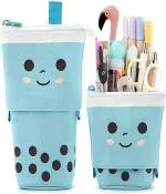 CRAFTERSMATE Best Standing Pencil Case - Cute Pencil Pouch for Girls & Boys - Korean Boba Pop Up Stationery Pouch Makeup Cosmetic Bag Organizer Box, Pen Pencil Pouches for Girls Boys Kids Women Adults School Students (Blue) Combo of 2