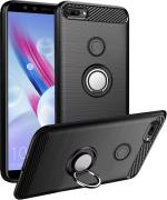 Unistuff Back Case Cover for Honor 9 Lite with Magnetic Kickstand | Premium Matte Finish | Camera Bump Protection | Rubberized Ring Cover - Night Black, 76175