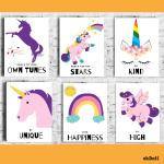 Ekdali Blue Paper Unicorn Posters with Happiness, Kind, High, Own Tunes Unique and Stars Wall Posters for School, Children 6 x 8 Inch