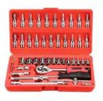 DUMDAAR 46 Pcs 1/4inch Screwdriver Drive Socket Bit Set Car Repair Tool with Reversible Ratchet Wrench Spinner Handle and Extension Bar Kit-Storage Case Chrome Vanadium Material For Automobile Bike/Bicycle Screwdriver Bit Set
