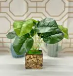 Dekorly Potted Plants Indoor Small Artificial Silk Plants Decor for Home Table Office Desk Bedroom Living Room Bathroom Shelf Farmhouse | Wooden Pot | Plant Height : 30cm (One Plant, Design-B)