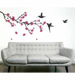 WOLPEP Multicolor Vinyl Black Branch with Pink Flowers Wall Sticker