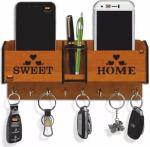 RAVARIYA GRAPHICS Beautiful Designer Sweet Home Wooden 2 Pocket Mobile and Pen Holder( Brown)