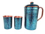 Rastogi Handicraft Pure Copper Jug - 2 Glass Outer Hammerd Firozi Paint Work Drink ware Set