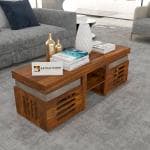 Kendalwood Wooden Center Table Tea Table for Living room Furniture | 2 Stool Coffee Table | Solid Wood Coffee Table | Honey Finish