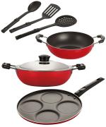 NIRLON Red Aluminium Non Stick Coated Set of Deep Kadhai-22 cm, Kadhai-22 cm, Uttapam-4 Cavity and 3 Spoon (Pack of 6)