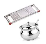 BLUE WONDER Stainless Steel Multipurpose Ghee Pot/Pickle Container with Spoon With Stainless Steel Jumbo Slicer Multipurpose Potato/Onion Slicer and Vegetable Slicer and (Multicolour, Pack of 2)