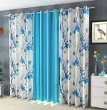 Adimanav 152.4 cm (5.0 ft) Polyester Blackout Window Curtain (Pack Of 3) (Floral, AQUA, Off White)