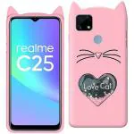 UNILORD Realme C25 Pink Rubber Love Cat 3D Heart Design Flexible Ear Cat Kitty Girls Back Cover Case