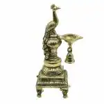 pujaNpujari Brass Peacock Diya Stand Big Size - Brass Diya Oil Lamp with Bell for Pooja Room and Decoration Items for Home Decor (10 Inch)