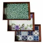 ANGIRA HANDICRAFTS Handmade Wooden Tray with Handprinted Designs Serving Trays Set of 3 Tray
