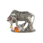 DARIDRA BHANJAN - Metal Kamdhenu Cow and Calf with Bal Gopal Krishna Statue for Home Decor Pooja Gift Item Figure Showpiece Decorative (Silver 1)