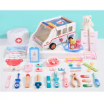MontyMaestro Toys - Wooden Ambulance with Doctor Set Working sthethoscope Dental Tools (29 Piece Set)