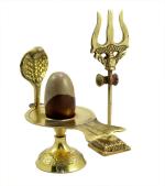 Navyaksh- Narmadeshwar Shivling Narmda Shiva Ling Lingam Statue Hindu Snake Hood Jalaheri, Trishul and with Stand Free Brass Pooja,Puja Kalash Shiv Ling Stone Shivlingam-6 cm (Brass, Stone, Multicolor)