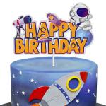 Festiko Space Happy Birthday Cake Topper Space Party Decoration Astronaut Rocket Outer Space Theme Party Supplies For Boys, Black