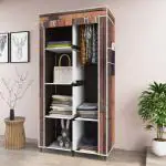 Eco Shopee Collapsible Wardrobe Portable Cloth Rack Storage Organizer Shelves Non Woven Fabric and PP Plastic Storage Unit for Clothes Printed Almirah (Self Assemble) 2001-2 Wooden Brown