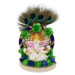 eCraftIndia Embossed Metal Lord Ganesha on Handcrafted Floral Plate with Peacock Feather 8 x 13 cm