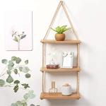 Vah Brown Wooden 3 Layer Wall Shelf With Rope And Hook Bath Kitchen