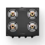 BlowHot Ruby 4 Burners Gas Stove Manual Ignition Brass Burners, Heavey Black Powder Coated Body - 1 Year General Warranty (Burner, Gas Valves And Glass - 2 Years) Manual Ignition