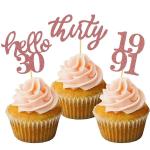 Festiko 24 Pcs Rose Gold Glitter 30th Birthday Cupcake Toppers For 30th Anniversary Birthday Party Wedding Party Decorations
