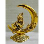 GiftNagri Gold Plated Metal Handicraft Lord Krishna On Moon Playing Basuri Flute Home Decor Idol for Puja and Office Shop Counter Decoration Purpose