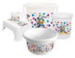 Kuber Industries Disney Team Mickey Print Plastic Bathroom Set of 5 Pieces with Bucket, Tub, Stool, Dustbin & Mug (White)