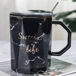 BonZeaL 3D Ceramic Black Marble Mug with Lid Spoon Printed Sweet Life Teacup Set 350 ml