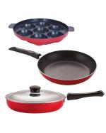 Nirlon Aluminium Red, Black Non-Stick Tapper Pan Appampatram And Fry Apn Kitchen Cooking Combo Set - Nirlon_2.6Mm_Fp10_Tp_Ap (Pack Of 3)